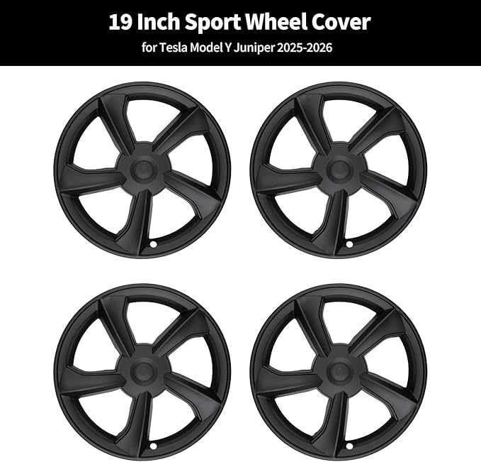 SHINELINERS 4PCS Wheel Covers for Tesla Model Y Juniper 2025-2026, 19 Inch Spiral Aero Design Hubcaps, Black, Easy Clip-On Installation