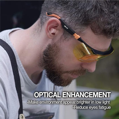 DEX FIT Safety Work Over Glasses SG210 OTG; Z87 Eye Protection for Men & Women, Fog & Scratch Resistant, Adjustable, UV & Blue Light Blocking (Black & Blue Frame, Yellow Lens)