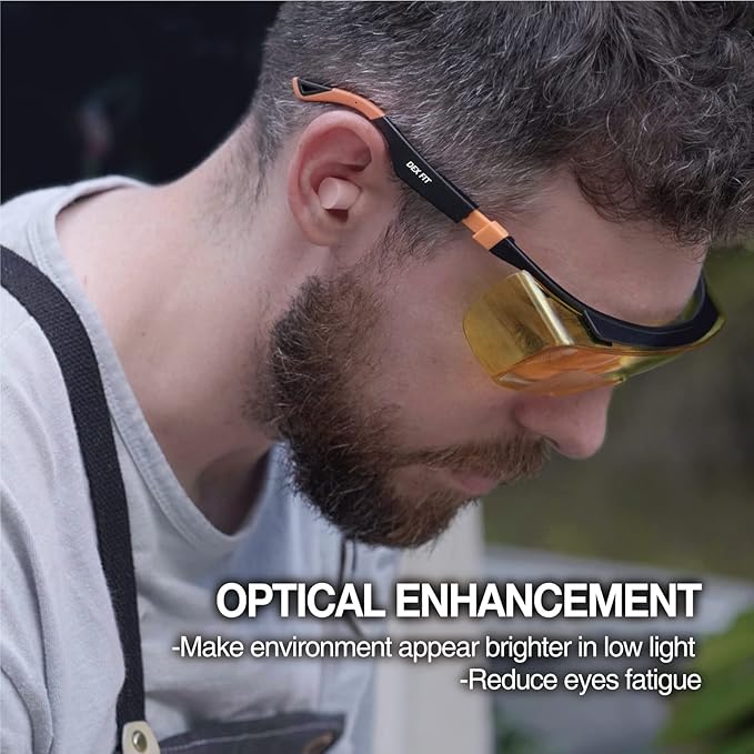 DEX FIT Safety Work Over Glasses SG210 OTG; Z87 Eye Protection for Men & Women, Fog & Scratch Resistant, Adjustable, UV & Blue Light Blocking (Black & Orange Frame, Yellow Lens)