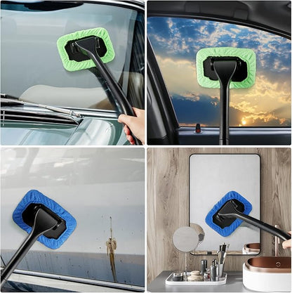 Frienda 2 Set Windshield Cleaner Tool Inside Car Windshield Cleaning Wand Auto Window Cleaner with Detachable Handle, 8 Reusable Microfiber Pads and 2 Spray Bottles for Car Interior(Blue, Green)