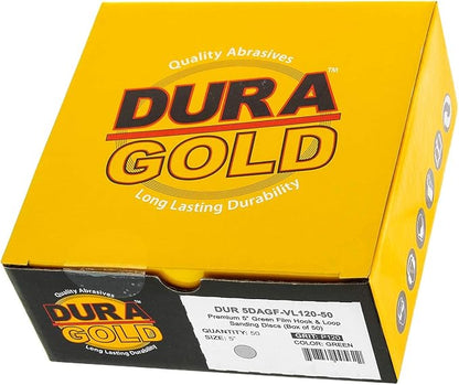 Dura-Gold Premium 5" Green Film Sanding Discs - 120 Grit (Box of 50) - Hook & Loop Backing Sandpaper Discs for DA Sanders, Finishing Medium Coarse Cut Abrasive - Sand Automotive Paint Woodworking Wood