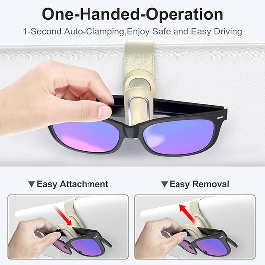 Veharvim Sunglass Holder for Car (One-Handed-Operation, Gentle & Secure Hold, Silicone Padded, Universal Fit, Metal Clip) Visor Sunglass Holder Clip,Visor Sunglass Holder Car (Beige, 2 Pack)