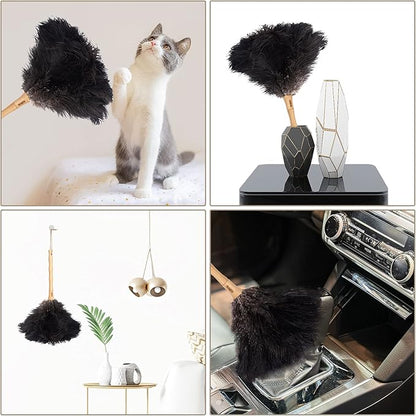 Aldwin Ostrich Feather Duster, 16 inch Black Genuine Ostrich Feathers with Wood Handle, Reusable Car Dusters, Eco-Friendly Cleaning Handheld Dusters for Home, Office and Kitchen