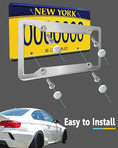 Stainless Steel License Plate Frames- 2 Pack Mirror Polished Front & Rear Auto Car Tag Holder, Heavy Duty Chrome Bracket with Mount Hardware, Screws Caps
