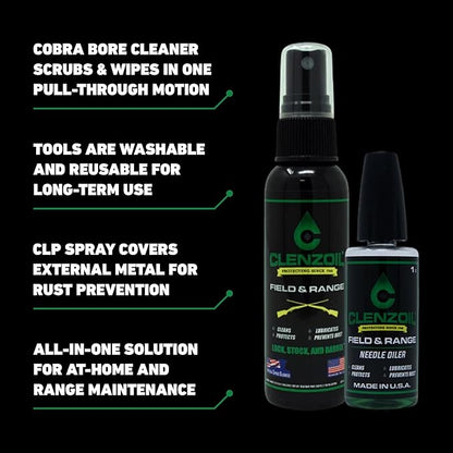 CLENZOIL Field & Range Pistol & Rifle Essentials Gun Cleaning Kit | CLP Spray & Oiler with Bore Cleaner | Clean, Lubricate & Protect | Nylon Brush, Bore Swabs & Microfiber