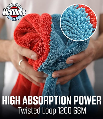 McKillans® Extra Large Dual-Color Car Drying Towel XL - Edgeless & Ultra Soft & Absorbent - 36" x 28" - 1200 GSM Twisted Loop Microfiber Towel for Cars - Drying Towel Car Detailing - Car Wash Towels