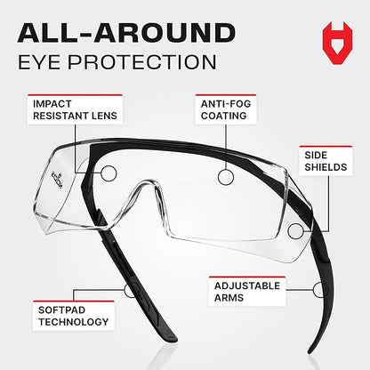 NoCry Anti Fog Safety Glasses that Fit Over Glasses with Scratch Resistant Lens — ANSI Z87 & OSHA Certified Over Glasses Safety Glasses for Men and Women with Adjustable Temples and 100% UV Protection