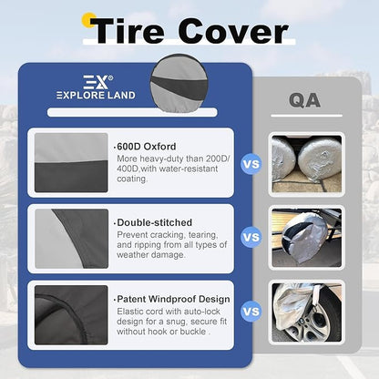Explore Land Tire Covers 4 Pack - Tough Wheel Protector for Truck, SUV, Trailer, Camper, RV Universal Fits Tire Diameters 26-28.75 inches Black & Gray