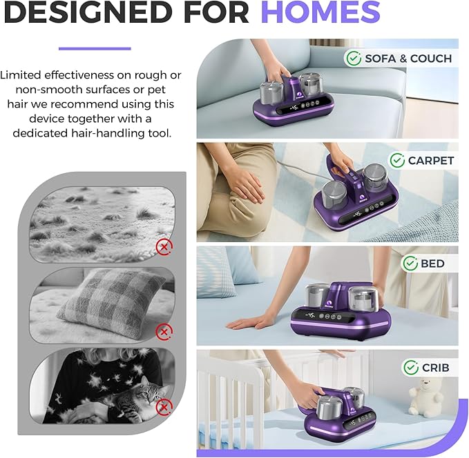 Amzany Mattress Vacuum Cleaner - 5-in-1 Cordless Bed Vacuum Cleaner, Powered by UV-C Light & Ultrasonic Technology, 16Kpa Strong Suction,Low Noise,Suitable for Dust, Pet Hair, Etc - Purple