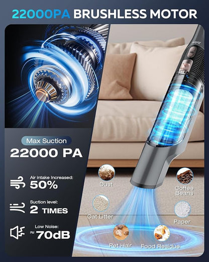 Zefiro Compact & Powerful Cordless Handheld Vacuum, Rechargeable Portable Car Vacuum for Car & Pet Hair, 22000PA High Power Suction, XL Dust Cup, 2 Brushes & Filters, Long Runtime with Charger