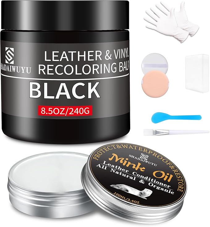 SHADAIWUYU 8.5oz Leather Recoloring Balm with 100ml Mink Oil,Black Leather Repair kit for Furniture and Car Interior,Leather Couch Scratch Repair,Leather Dye Paint,Mink Oil for Leather