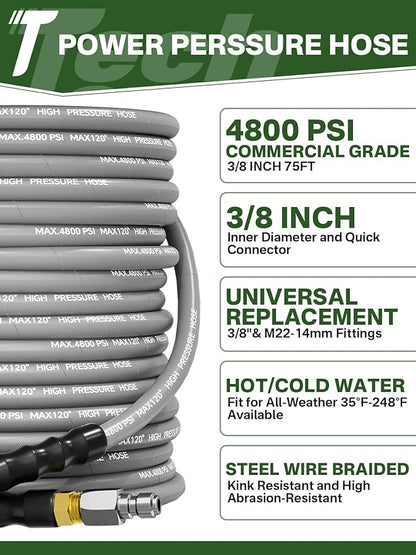 3/8" 4800PSI Pressure Washer Hose 75FT with Swivel Quick Connect for Cold/Hot Water Max 248°F, Kink Resistant Steel Wire Braided, Wear Resistant Power Washer Hose with M22 14mm Adapter
