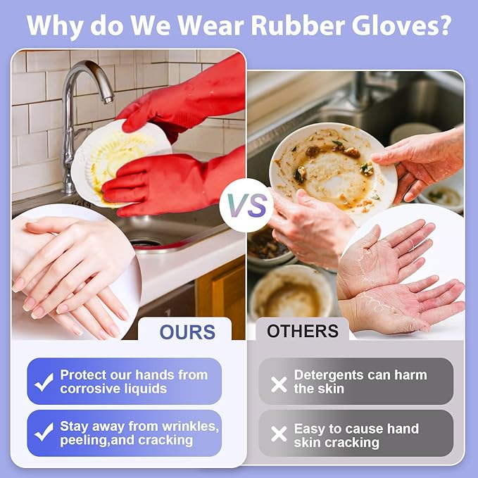 FCTTD 4 Pairs Rubber dishwashing gloves, Kitchen gloves for washing dishes, Household cleaning gloves Reusable Large Blue+Pink+Yellow+Red