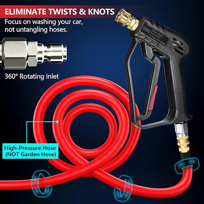 Short Pressure Washer Gun with Swivel, Anti-Tangle Design, Max 4000 PSI, Heavy Duty, 3/8" QC & M22 14/15mm Inlet, 1/4" Quick Connect Outlet for Car Detailing
