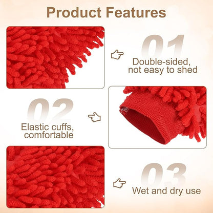 HARFINGTON Chenille Microfiber Car Wash Mitts 9.8" x 7.9" Scratch Free Wash Gloves Absorbent Double Sided Plush Cleaning Drying Mitts for Car Washing Home Red