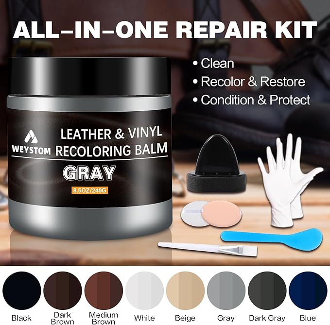 WEYSTOM Leather Recoloring Balm & Repair Kit for Furniture - Dye, Renew & Restore Aged, Faded, Cracked, Peeling, Scuffed Surfaces(Grey)