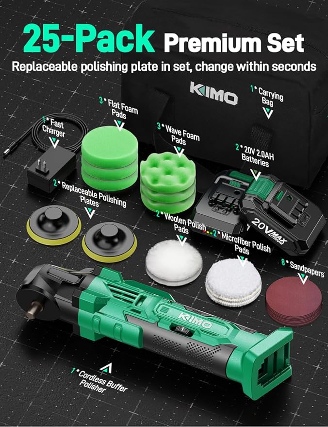 KIMO 20V Cordless Car Buffer Polisher Kit, 25Pcs Polishing Kit, 6 Speeds to 6000RPM / 2*2000mAh Batteries Cordless Polishers, Buffer Polisher for Car Detailing, Scratch Removing, Boat Sanding & Waxing