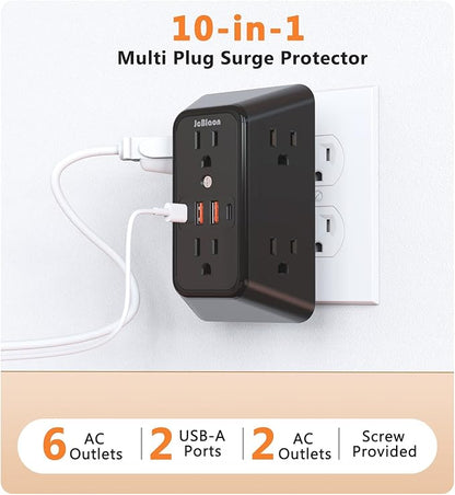 Surge Protector Outlet Extender, 6 Outlet Extender with 4 USB Charging Ports (2 USB C), 3 Sided Multi Plug Wall Adapter for Home, Office, Travel-2 Pack,Black