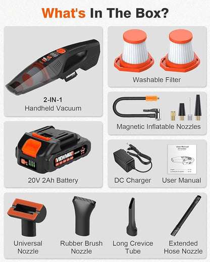 Viewmax 2-in-1 Car Vacuum and Tire Inflator - 20V Cordless Handheld Vacuum Cleaner & 150PSI Air Pump with Pressure Gauge, 18000Pa Suction, Portable Air Compressor for Tires Pump and Car Cleaning