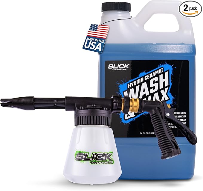 Slick Products Wash & Wax (64 oz.) + Garden Hose Foam Gun Bundle – Super Concentrated Car Wash Foam Shampoo for Car, Truck, RV, Motorcycle, Trailer, and Boat