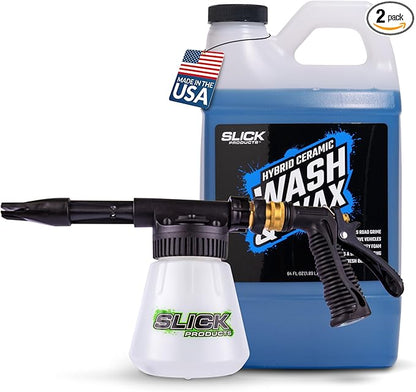 Slick Products Wash & Wax (64 oz.) + Garden Hose Foam Gun Bundle – Super Concentrated Car Wash Foam Shampoo for Car, Truck, RV, Motorcycle, Trailer, and Boat