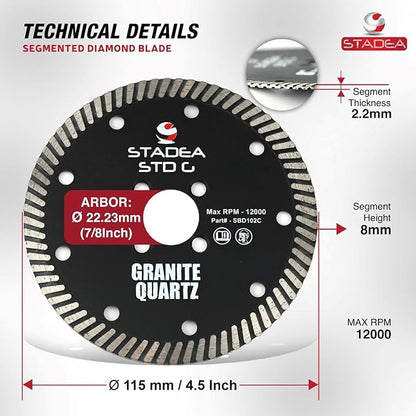 Stadea SBD112C Diamond Saw Blade 4.5-Inch Continuous Turbo Dry Cutting - Cuts Granite Quartz Quartzite, Fits Grinder, Saw Cutter, 8 MM Segments - Pack of 5
