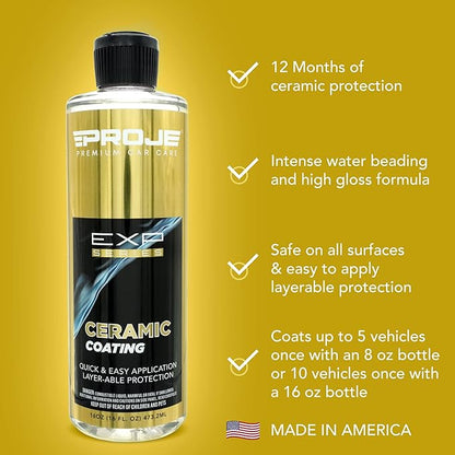 Proje Ceramic Coating - 12+ Month Durability - Easy to Apply - High Gloss - Anti Scratch - Safe on All Surfaces - Hydrophobic SiO2 Top Coat For Cars, Trucks, RVs, and More - 16 fl oz