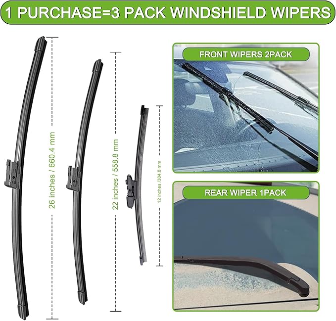 PARRATI® Windshield Wipers for VW Atlas 2018-2023,26"+22" Front and 12" Rear,OEM Replacement Wiper Blades,Quiet & Streak-Free(Set of 3)