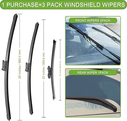 PARRATI® Windshield Wipers for VW Atlas 2018-2023,26"+22" Front and 12" Rear,OEM Replacement Wiper Blades,Quiet & Streak-Free(Set of 3)