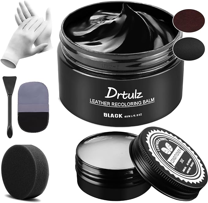 drtulz Black Leather Recoloring Balm, Leather Color Restorer Conditioner, Leather Repair Kits for Vinyl Furniture, Sofa, Car Seats, Shoes - Repair Leather Color on Faded & Scratched Leather Couches