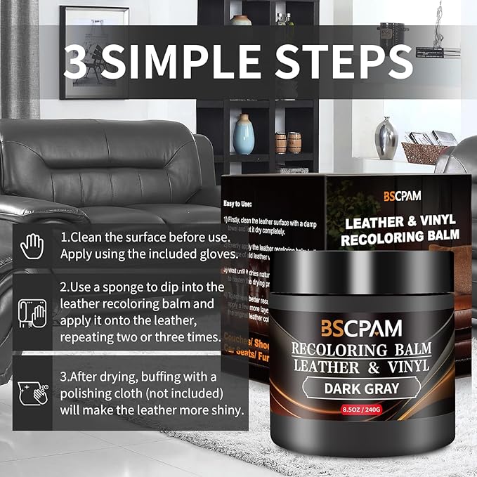 BSCPAM Dark Gray Leather Recoloring Balm,Leather Couch Scratch/Stain Remover,Leather Repair kit for Vinyl Furniture and Car Interior,Leather Dye Paint for Scratched and Faded Leather Couches