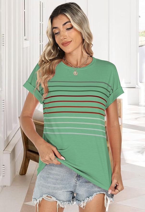Womens Summer Tops Short Dolman Sleeve Crew Neck Striped Shirts Spring 2026 Fashion Beach Vacation Clothing