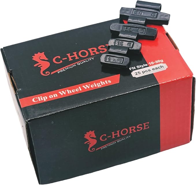 C-HORSE 100Pcs FN Series Clip on Wheel Weights Black Coated Assortment for Japanese Cars Hammer Type Rim Balancers, 10G, 15G, 20G, 30G, 25pcs for Each Size Fit for Steel Wheel (FN Style, 0.25-1)