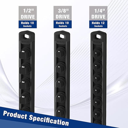 WORKPRO Magnetic Socket Organizer, 3/8-Inch Drive Aluminum Alloy Socket Rail, Heavy Duty Socket Holder, Socket Rack Kit 3/8-Inch x 10 Clips Black (Socket not Included)