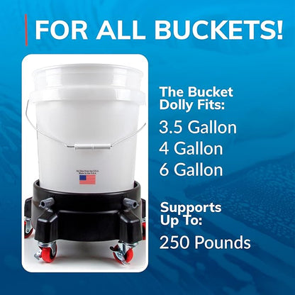 GRIT GUARD Bucket Dolly with Wheels - Rolling Detailing Wash Bucket with 5 Wheels and 2 Locking Casters Compatible with 2.5, 4, 5 and 6 Gallon Buckets (Green, 2" Red Casters)