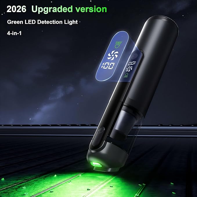 Seiyeje Car Vacuum, Handheld Cordless Vacuum 19000Pa, 4-in-1 Mini Portable Cleaner with Green LED Detection Light, 2 Modes for Car, Home, Office, Desk & Keyboards, Rechargeable, Washable Filter