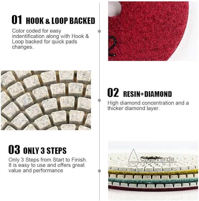 casaverde 4 Inch with 2.5mm Thickness Dry/Wet 3 Step Polishing Pads for Granite Marble Concrete Stone