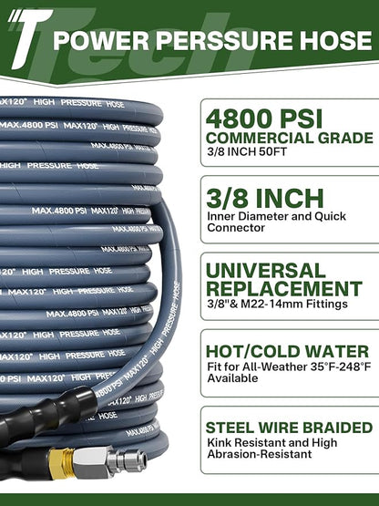 3/8" 4800PSI Pressure Washer Hose 50FT with Swivel Quick Connect for Cold/Hot Water Max 248°F, Kink Resistant Steel Wire Braided, Wear Resistant Power Washer Hose with M22 14mm Adapter