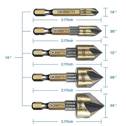 Countersink Drill Bit Set, 5pc, 1/4" Hex Shank, 82 Degree Countersink Holes for Screws to Sit Flush or Under The Surface of Metal Wood Plastic, Sizes 1/4, 3/8, 1/2, 5/8, 3/4 Inches with Storage Case