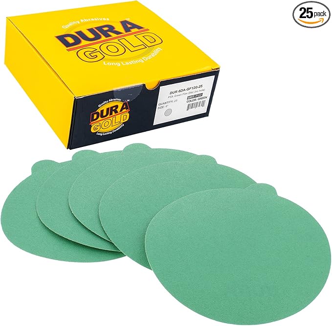 Dura-Gold Premium 6" Green Film PSA Sanding Discs - 120 Grit (Box of 25) - Self Adhesive Stickyback Sandpaper for DA Sanders, Finishing Coarse Cut Abrasive - Sand Automotive Paint, Woodworking Wood