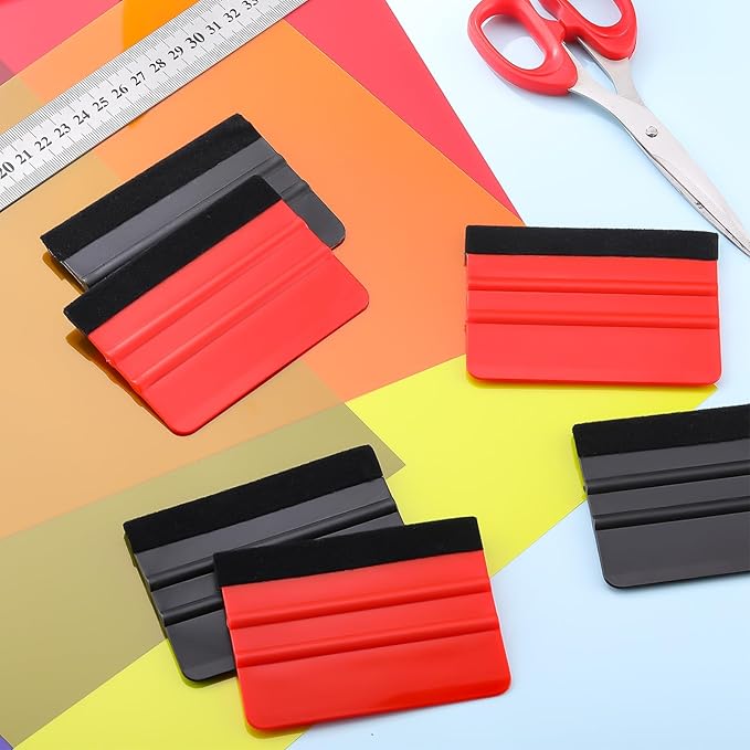 Lasnten 50 Pcs Plastic Vinyl Squeegee 4 Inch Felt Edge Squeegee for Car Window Windshield Glass Cleaning Tool Vinyl Scraper Decal Applicator Tool with Black Fabric Felt Edge (Red, Black)