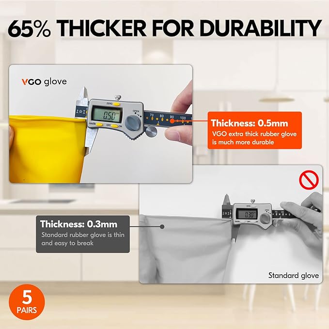 Vgo... 5-Pairs Reusable Household Gloves, Rubber Dishwashing gloves, Extra Thickness, Long Sleeves, Kitchen Cleaning, Working, Painting, Gardening, Pet Care (Size M, Yellow, HH4601)