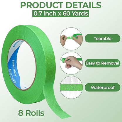 8 Rolls Automatic Refinish Masking Tape,0.7 Inch x 60 Yds Green Cars Vehicles Auto Body Masking Tape No Residue,Heat Resistant Removable Automotive Painting Tape Bulk for Paint Booth,Totally 480 Yards