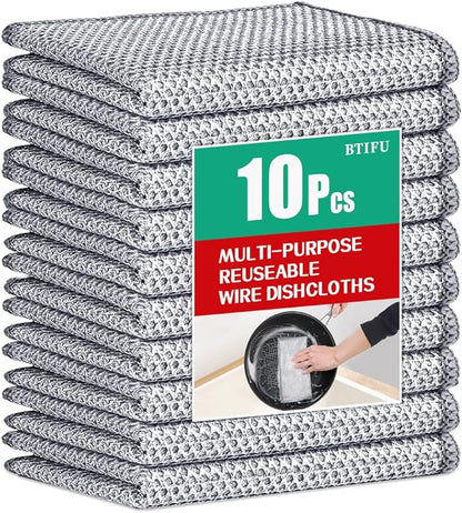 BTIFU 10Pcs Multipurpose Wire Dishwashing Rag, Reusable Non-Scratch Wire Dishcloth, Metal Dish Cloth Wet and Dry for Kitchen Cleaning, Sinks, Dishes, Stove Top, Dimensions(7.87X7.87)