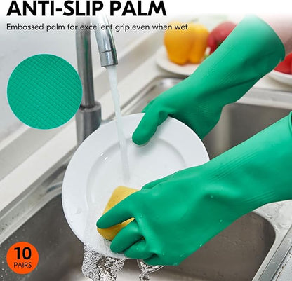 Vgo... 10-Pairs Reusable Household Gloves, Rubber Dishwashing gloves, Extra Thickness, Long Sleeves, Kitchen Cleaning, Working, Painting, Gardening, Pet Care (Size L, Green, HH4601)