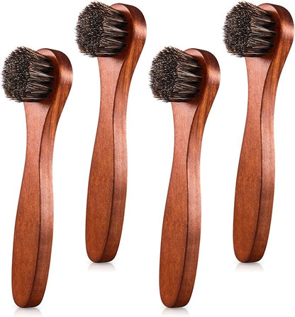 4 Pcs Horsehair Shine Shoes Brush Kit Polish Dauber Applicators Cleaning Leather Shoes Boots Care Brushes Suede Cleaner Brush with Microfiber Shoe Cloth(Brown Handle A)