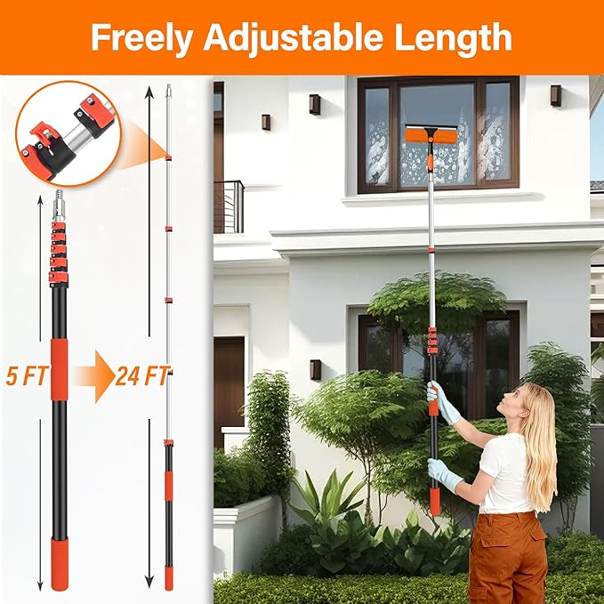 30FT High Reach Duster Cleaning Kit with 24FT Pole | 4-in-1 Tool Set with Universal Swivel Joint | High Ceiling Fan Cleaner, Microfiber Duster, & Window Squeegee for Safe High-Reach Cleaning