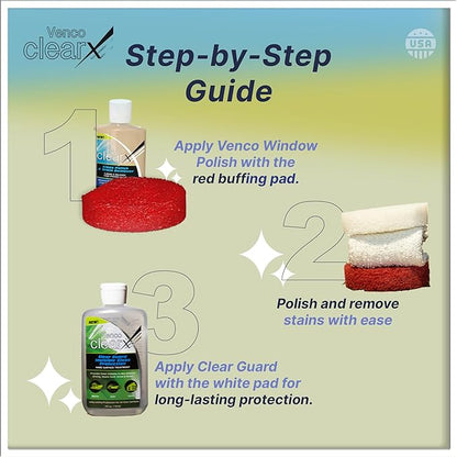 Venco Clear X Multi-Surface Glass Polish - Advanced Oxidation & Water Spot Remover with Clear Guard Technology - Perfect for Yachts, Home Windows, RVs & Car Windshields - Made in the USA - 4oz Kit