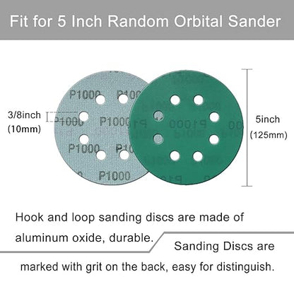 5 Inch 8 Hole Sanding Discs, 100 Pcs Wer Dry Sanding Disc Set 600 800 1000 1500 2000 Assorted Grits Hook and Loop Green Polyester Film Backed Sandpaper with Interface Pad for Random Orbital Sander