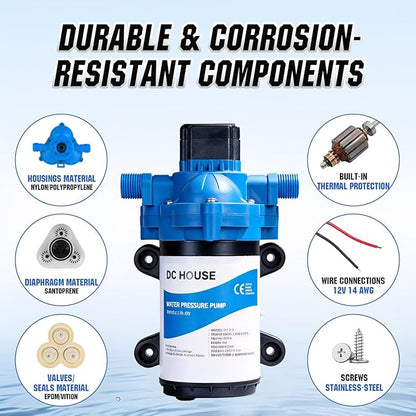 DC HOUSE 12V RV Water Diaphragm Pump Quiet Replacement, 3.5GPM 45PSI On Demand Self Priming Fresh Water Pump with Pressure Switch for Camper, Marine, Boat, Travel Trailer & Off-Grid Use